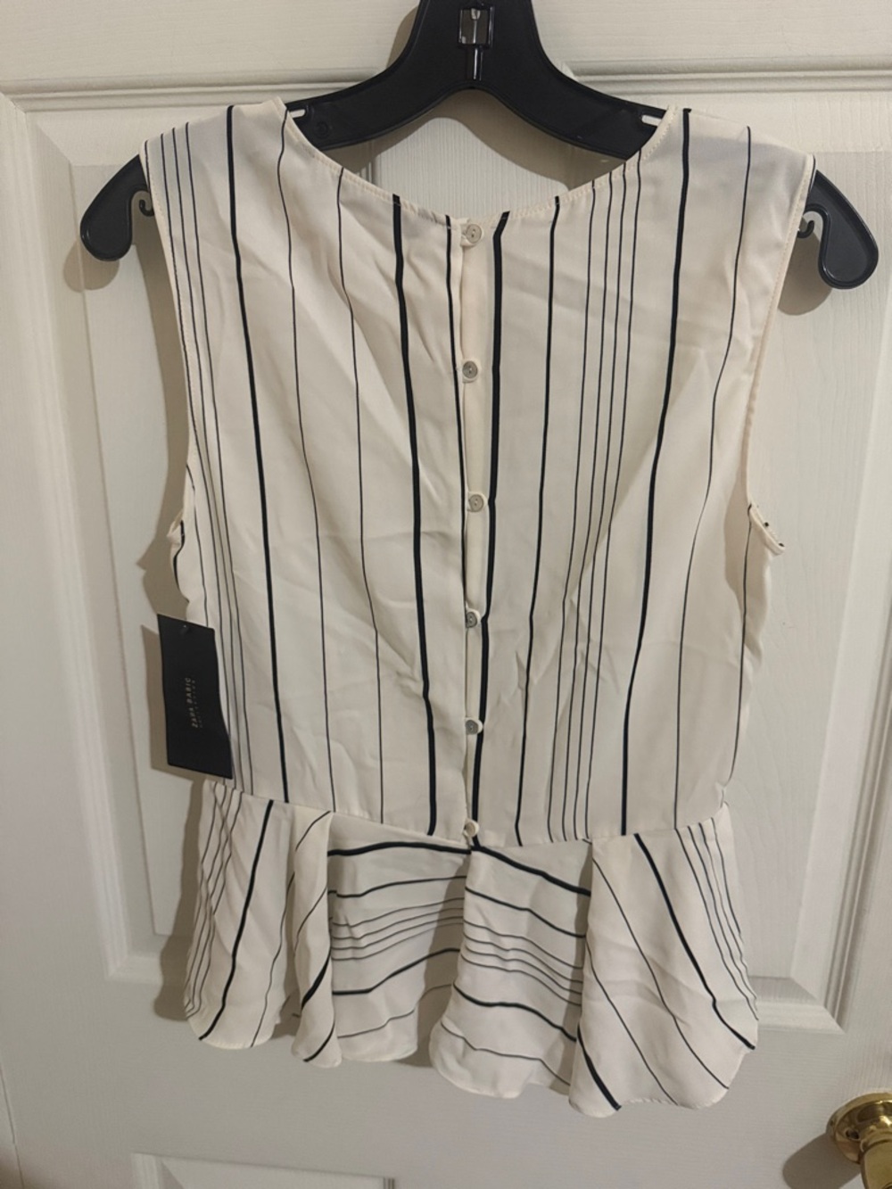 Zara Cream White Sleeveless Peplum Blouse with Black Vertical Stripes